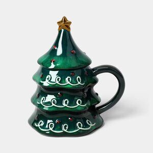 10 fl oz Stoneware Christmas Tree Figural Lid Coaster Mug